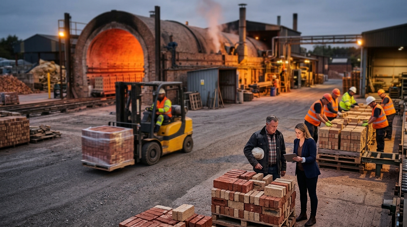 Brickworks owner and a marketing consultant review a tablet beside kiln-fired bricks stacked on pallets
