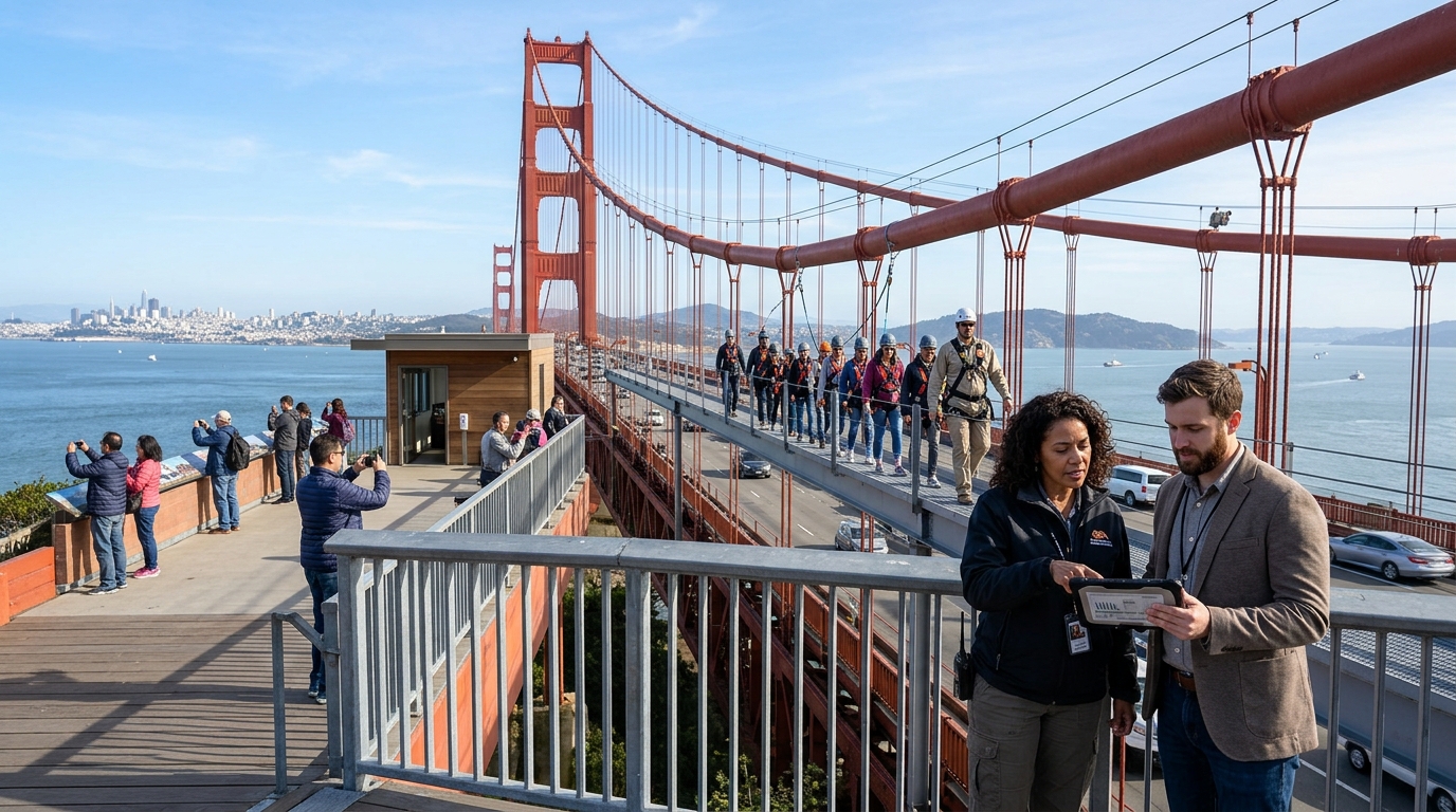 Attraction manager and a marketing consultant review a tablet at a landmark bridge as a guided group walks across