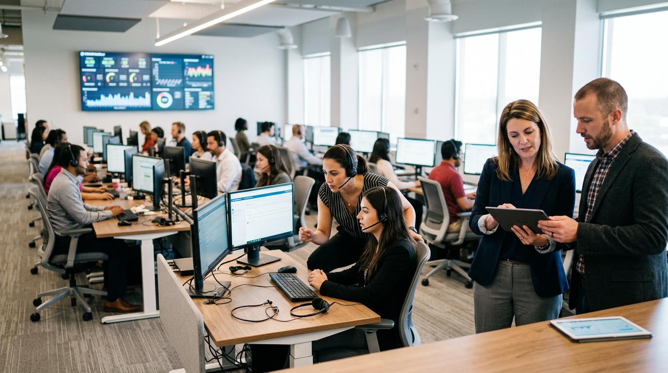 Call center manager and a marketing consultant review a tablet beside rows of agents wearing headsets