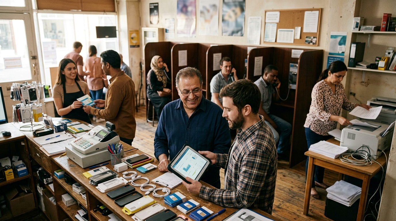 Call shop owner and a marketing consultant review a tablet beside calling booths and a phone counter