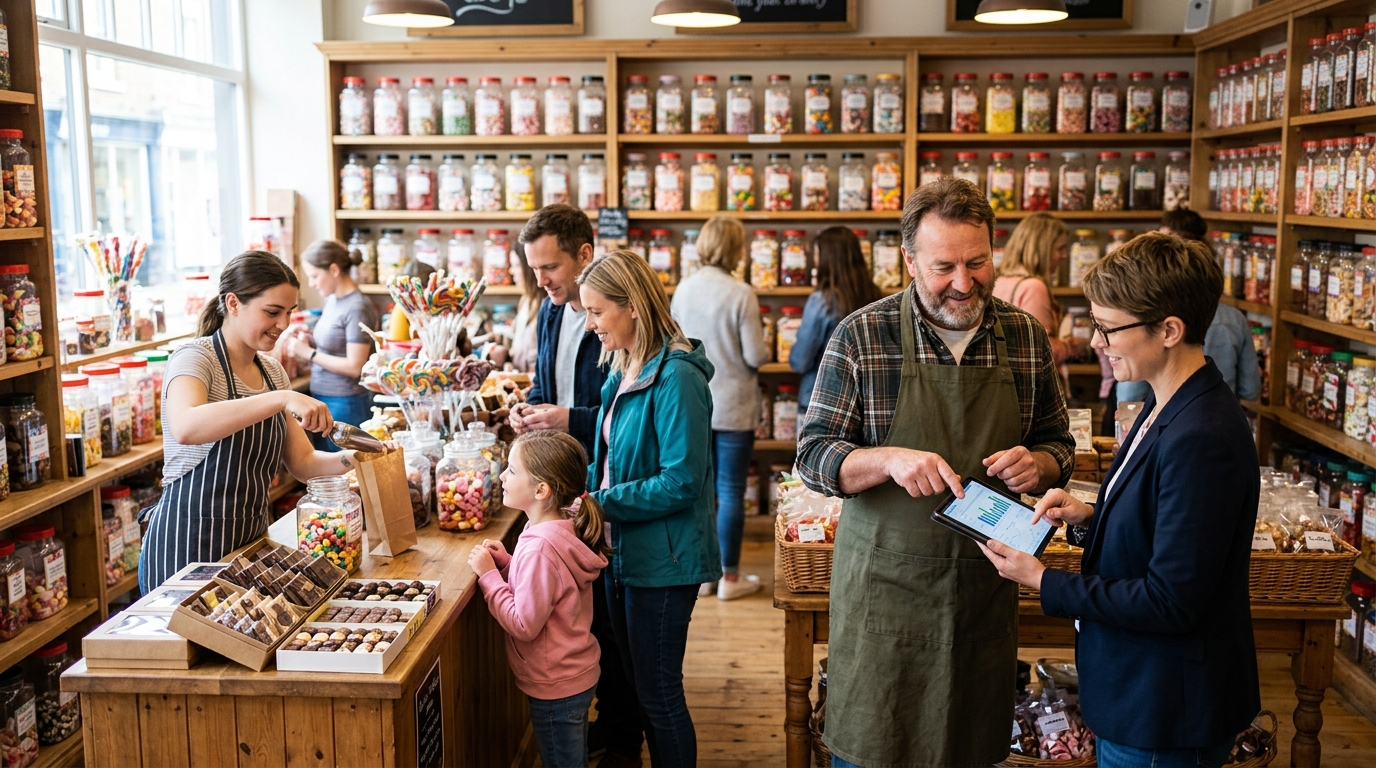 Candy store owner and a marketing consultant review a tablet beside shelves of colorful candy jars