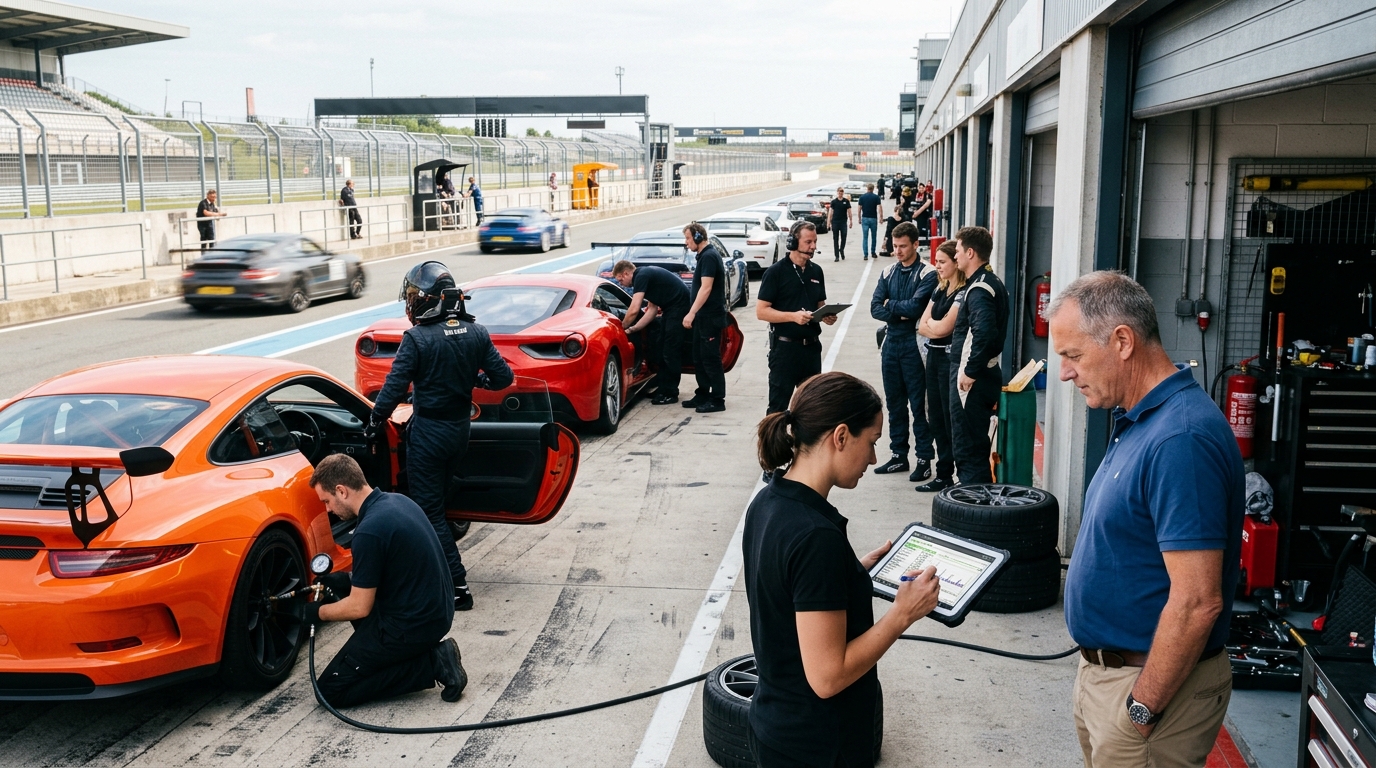 Race track owner and a marketing consultant review a tablet in the pit lane as cars prepare for a track day