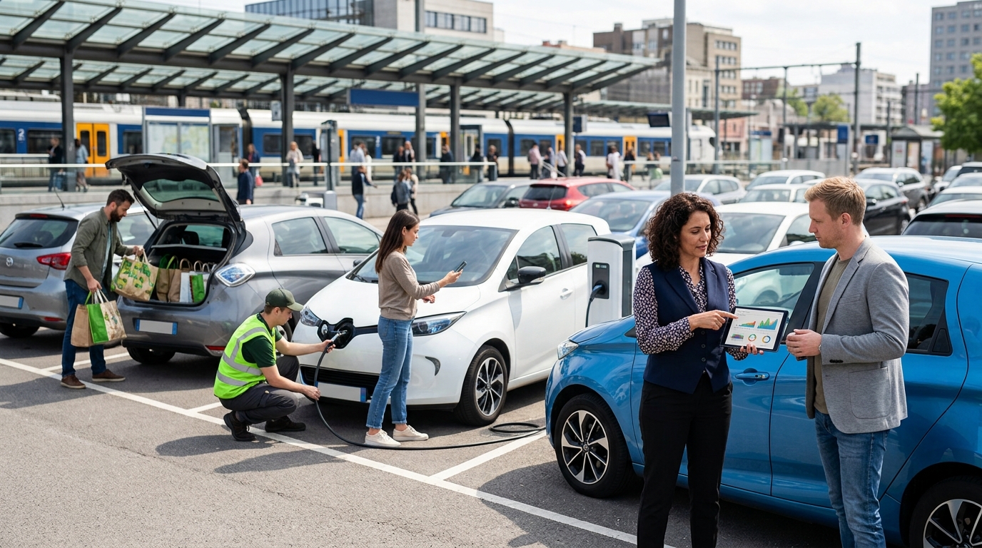 Car sharing manager and a marketing consultant review a tablet beside shared cars in a city parking bay