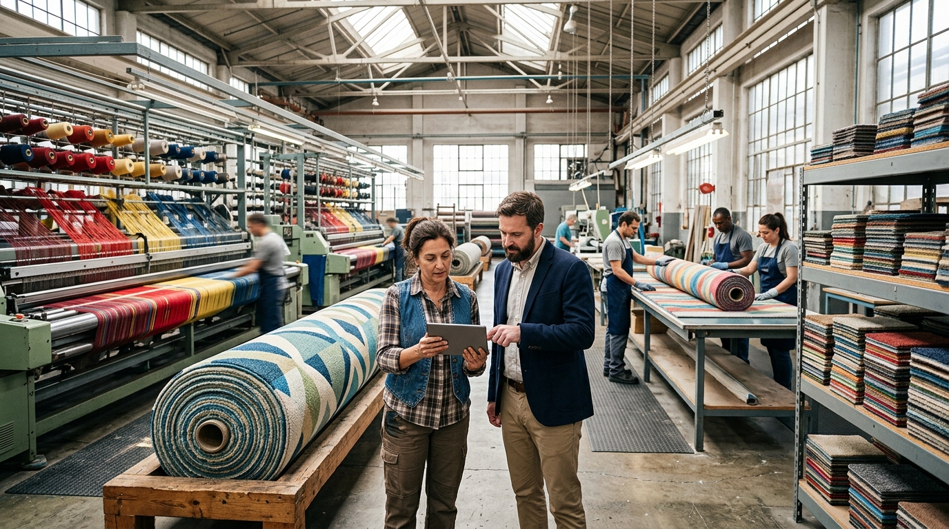 Carpet mill owner and a marketing consultant review a tablet beside tufting machines and rolls of carpet