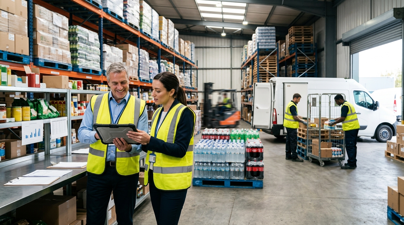 Food and drink supplier owner and a marketing consultant review a tablet in a chilled catering warehouse