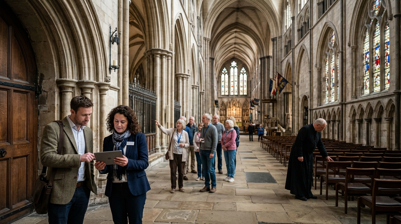 Cathedral visitor manager and a marketing consultant review a tablet in a nave as visitors explore