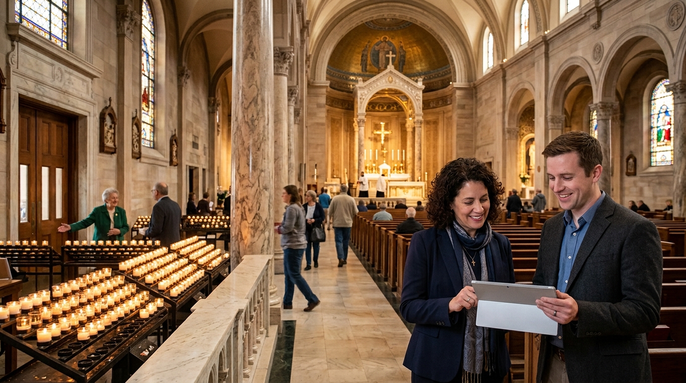 Cathedral parish manager and a marketing consultant review a tablet in a Catholic cathedral side aisle