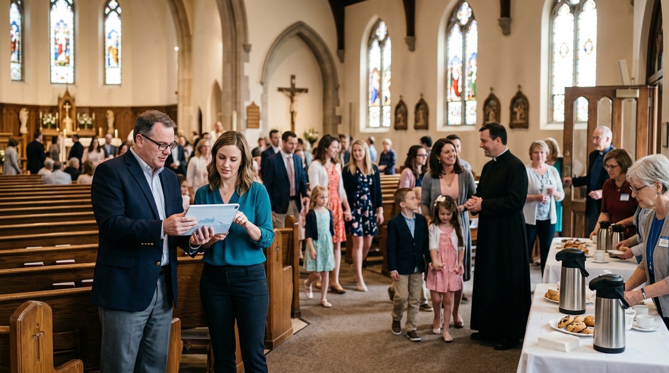 Parish manager and a marketing consultant review a tablet in a Catholic church after Sunday Mass