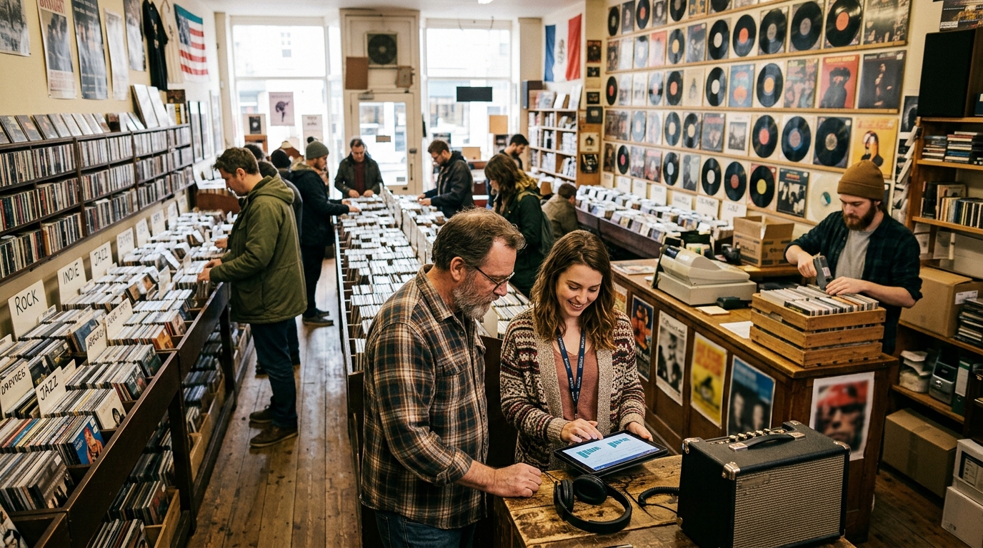 CD store owner and a marketing consultant review a tablet between racks of CDs as customers browse