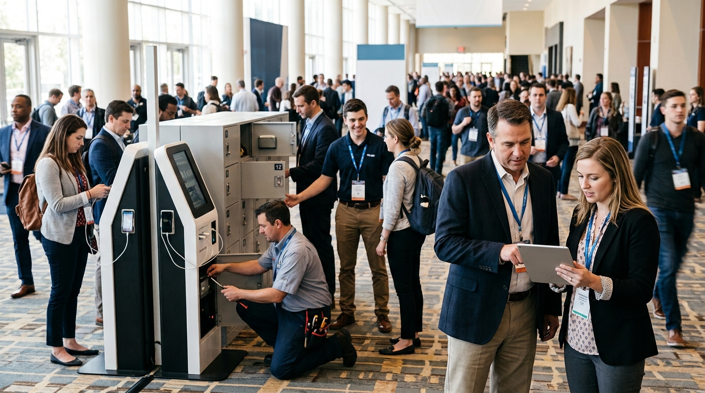 Charging station provider and a marketing consultant review a tablet beside phone charging kiosks at an event