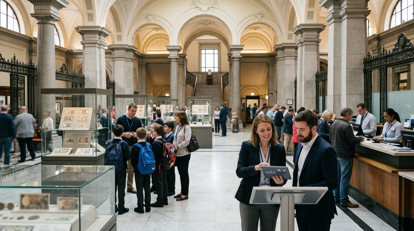 Central bank communications manager and a marketing consultant review a tablet in a public visitor hall