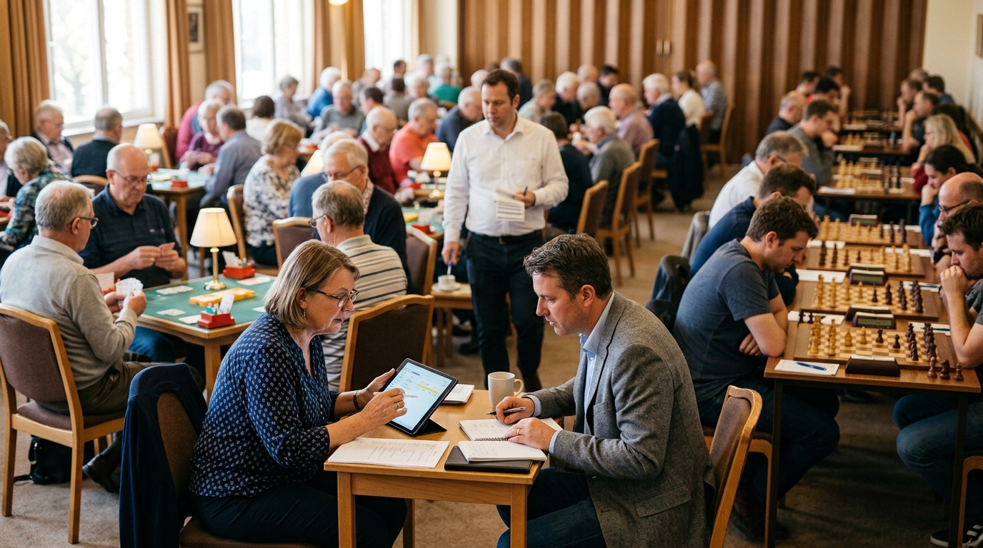 Club secretary and a marketing consultant review a tablet as members play bridge and chess