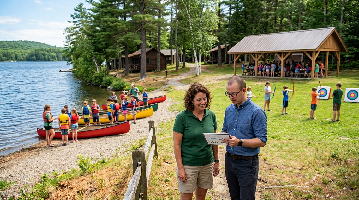 Camp director and a marketing consultant review a tablet as counselors lead children in lakeside activities