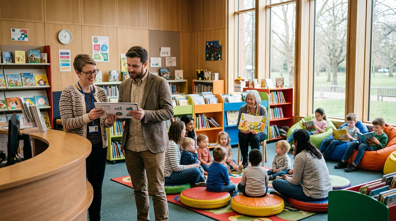 Children’s services manager and a marketing consultant review a tablet as a library story time runs nearby