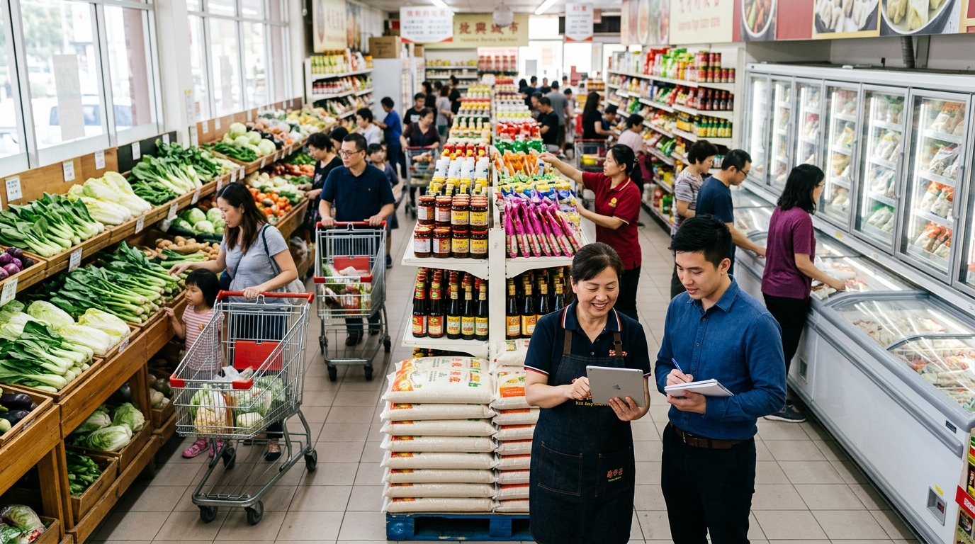 Supermarket owner and a marketing consultant review a tablet in a busy Asian grocery aisle