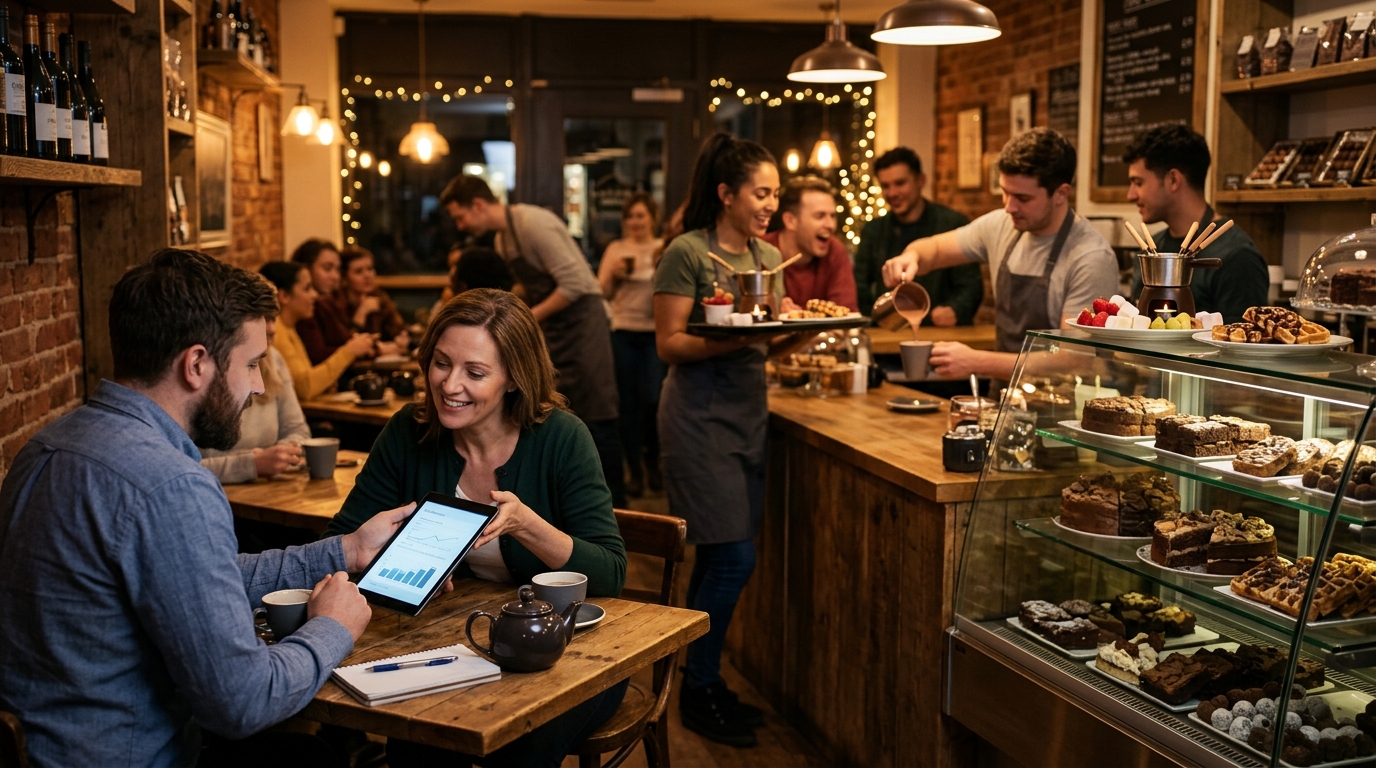 Chocolate cafe owner and a marketing consultant review a tablet as staff serve hot chocolate and desserts