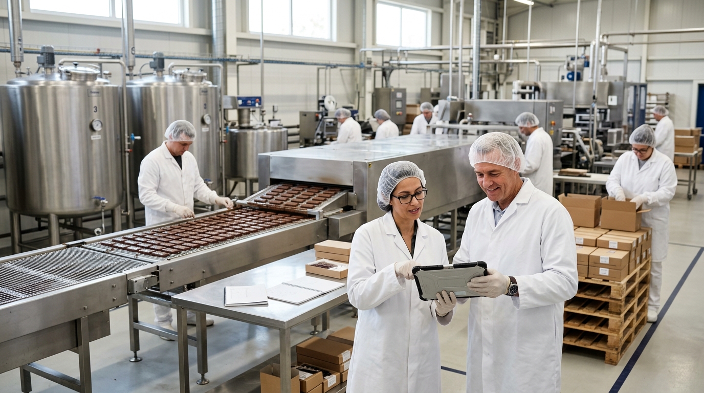 Chocolate factory owner and a marketing consultant review a tablet beside an enrobing line of chocolate bars