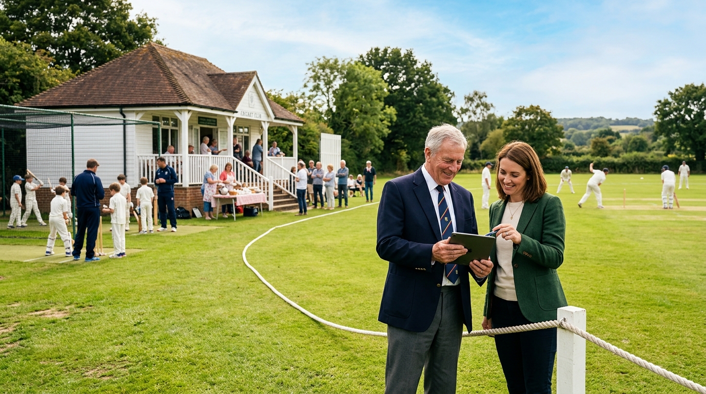 Cricket club chair and a marketing consultant review a tablet as juniors practise in the nets