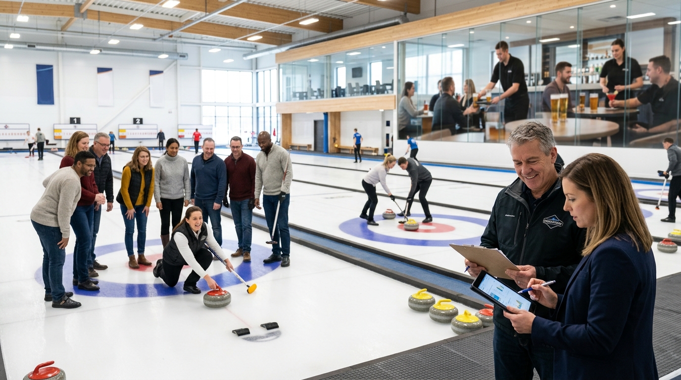 Curling hall owner and a marketing consultant review a tablet as a party group tries curling on the ice