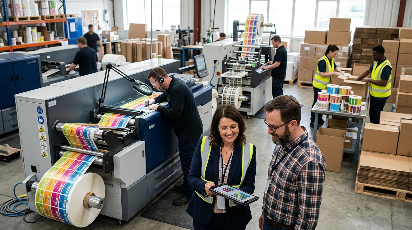 Label printing owner and a marketing consultant review a tablet beside a digital label press