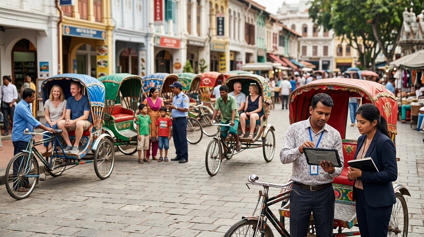 Rickshaw operator and a marketing consultant review a tablet beside a stand of pedicabs and waiting riders