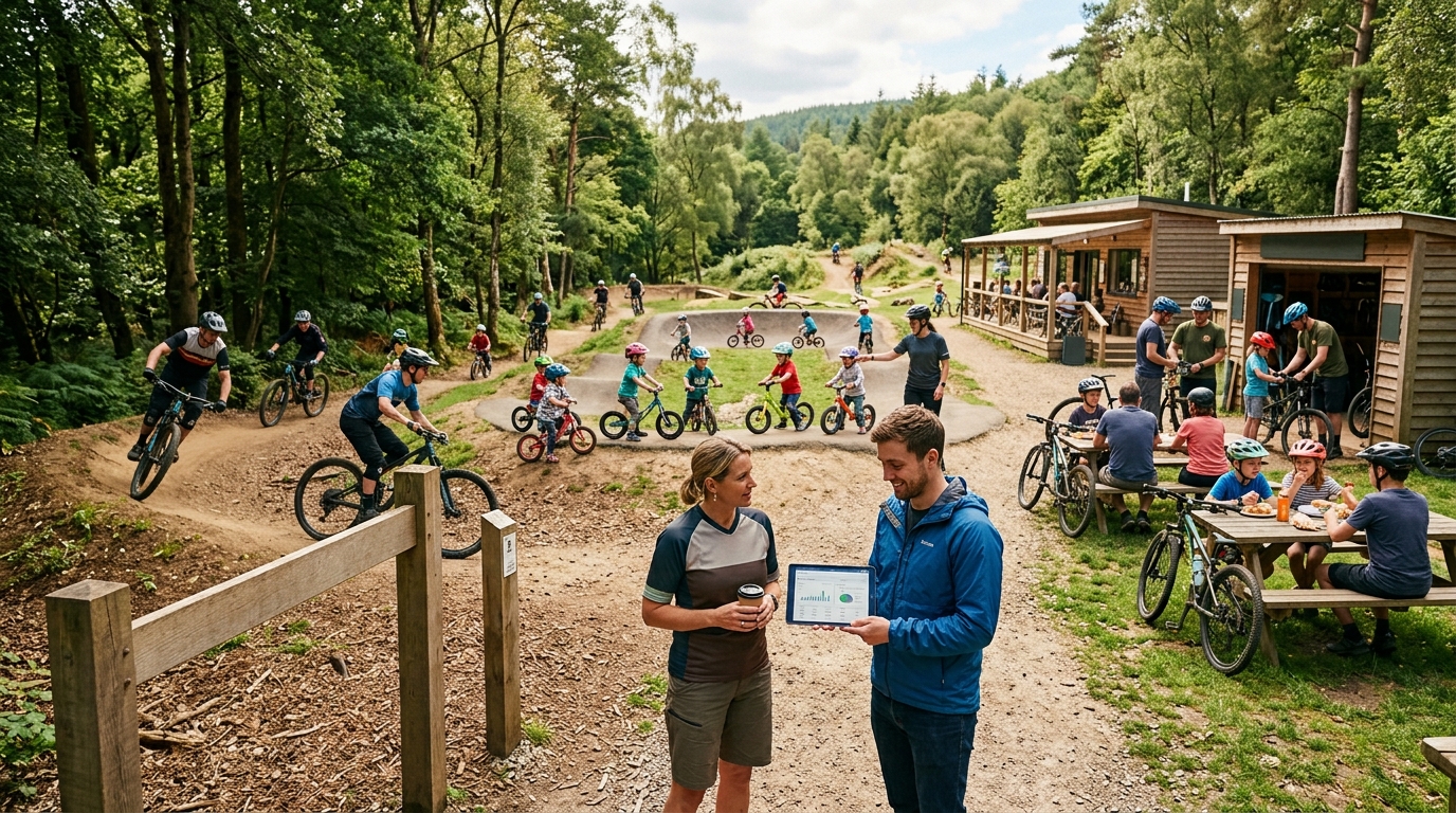 Bike park owner and a marketing consultant review a tablet as riders roll through a pump track