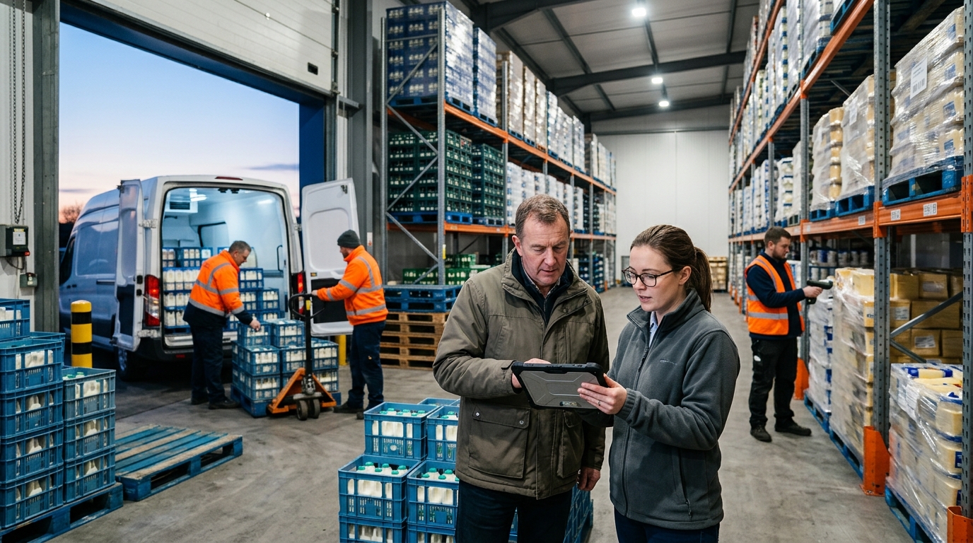 Dairy supplier owner and a marketing consultant review a tablet in a chilled warehouse of milk crates