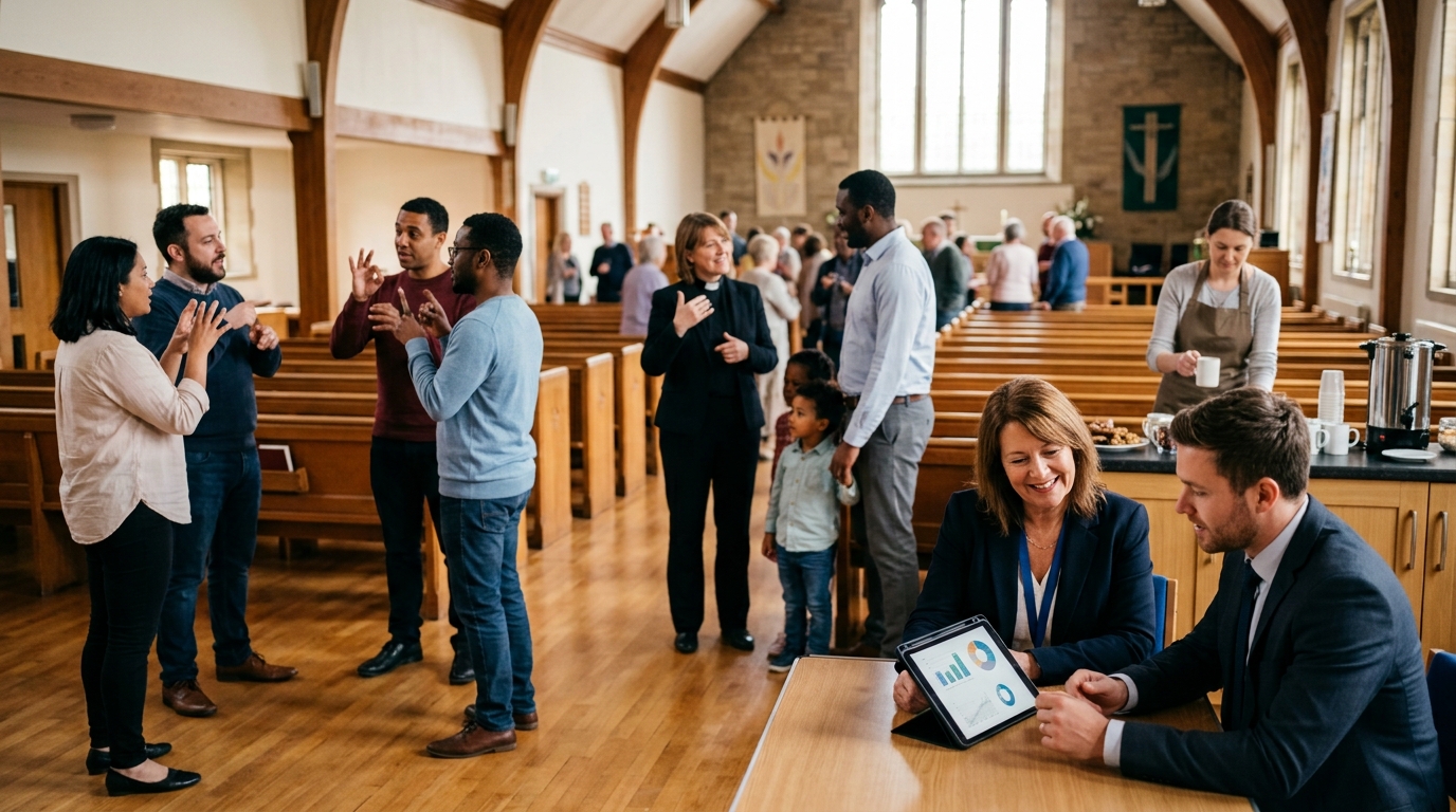 Deaf church leader and a marketing consultant review a tablet as members sign together after a service