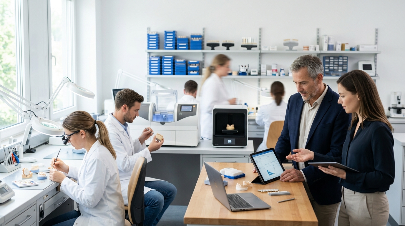 Dental lab owner and a marketing consultant review a tablet as technicians craft crowns at lab benches