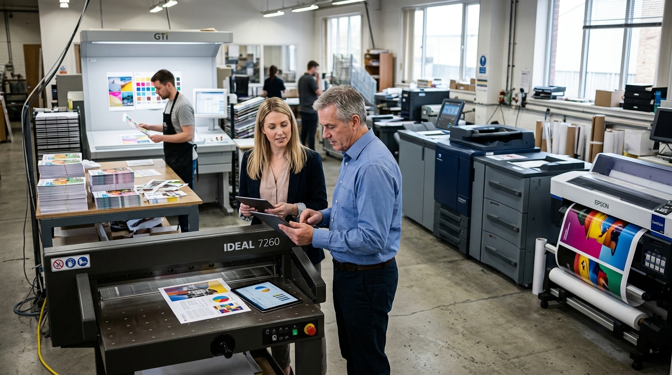 Digital print company owner and a marketing consultant review a tablet beside a production digital press