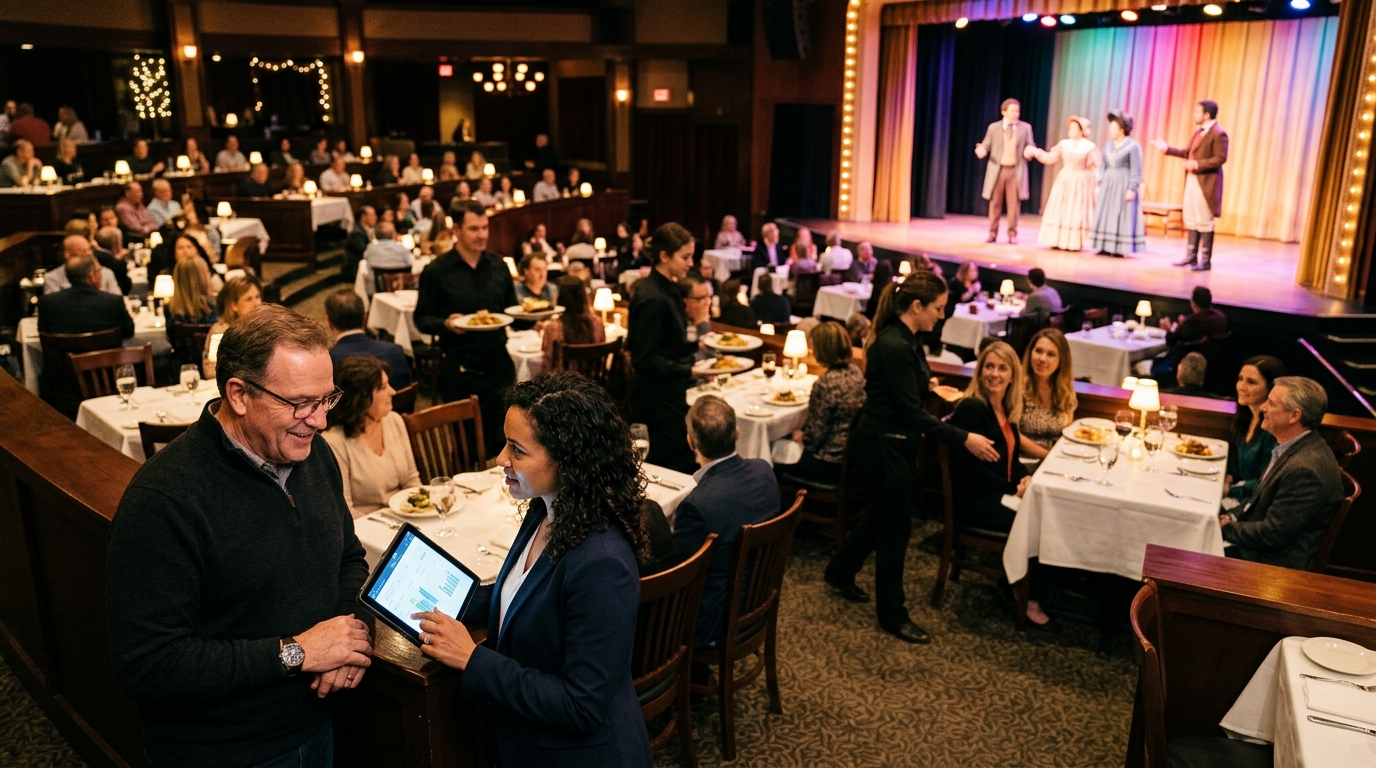 Dinner theater owner and a marketing consultant review a tablet as servers set tables before a live show