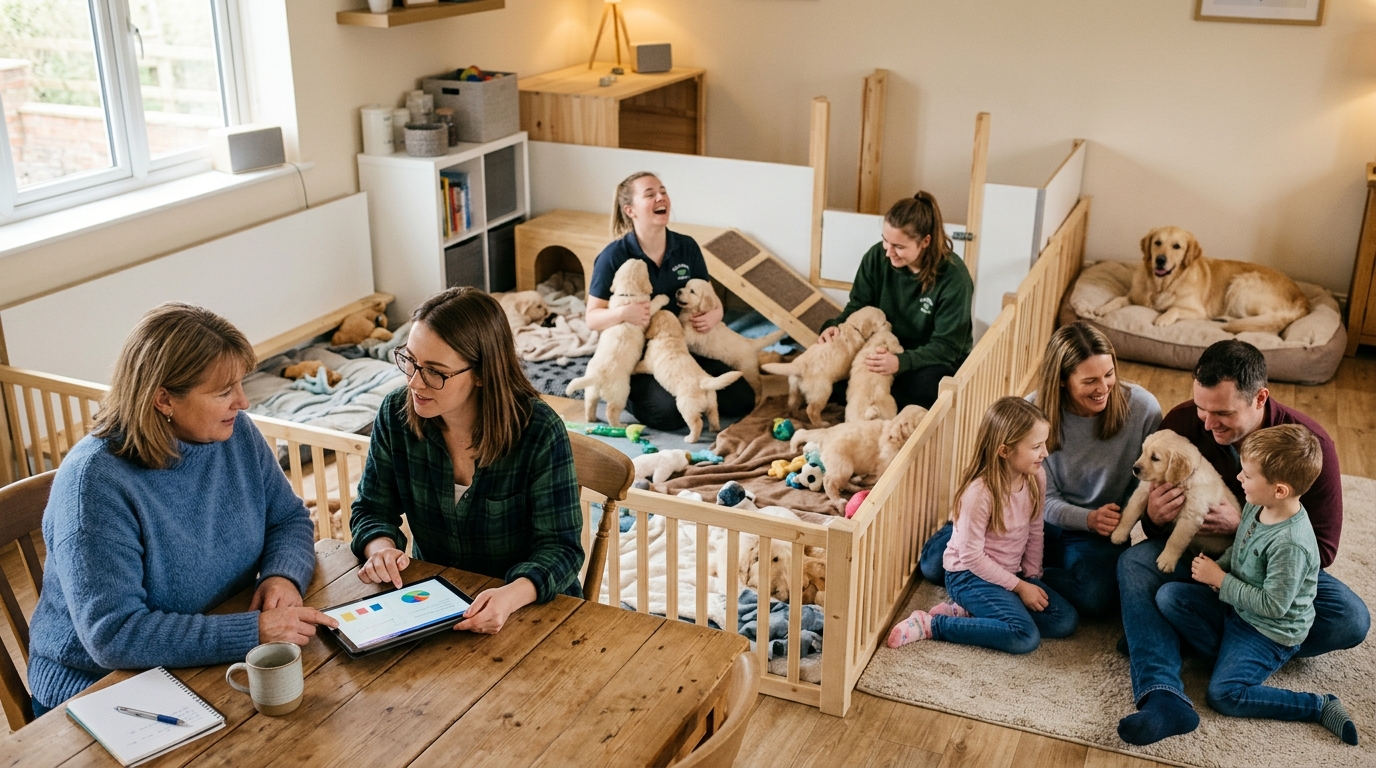 Dog breeder and a marketing consultant review a tablet in a bright kennel as staff socialize puppies