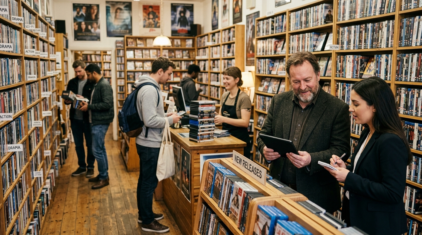 DVD store owner and a marketing consultant review a tablet among shelves of films and box sets