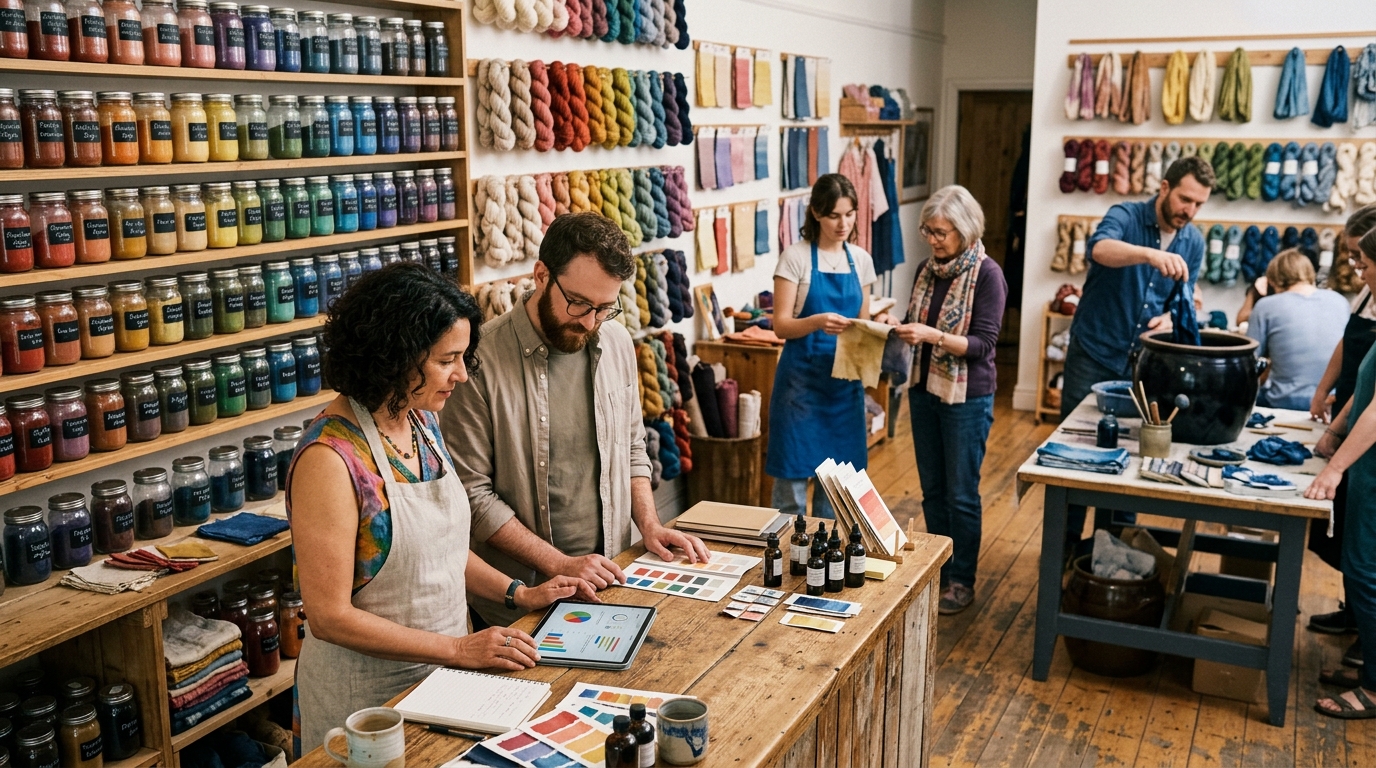 Dye store owner and a marketing consultant review a tablet beside shelves of colorful dye jars