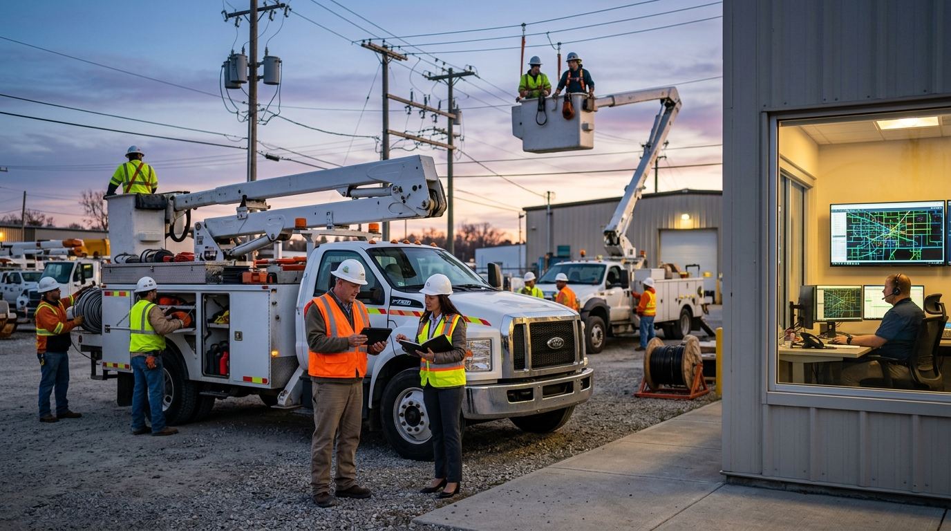 Utility manager and a marketing consultant review a tablet beside a line crew bucket truck