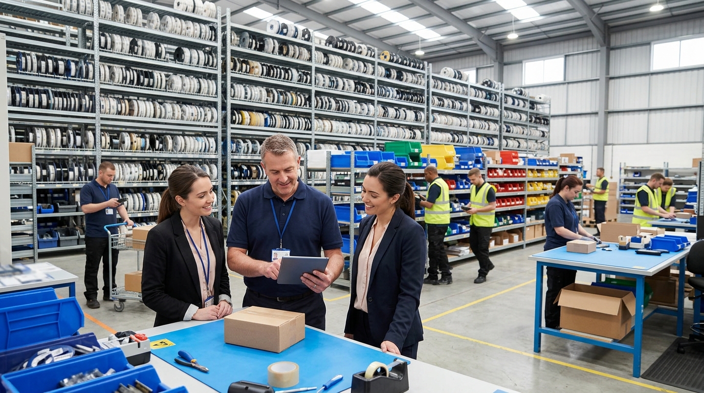 Component distributor owner and a marketing consultant review a tablet beside shelves of reels and parts bins