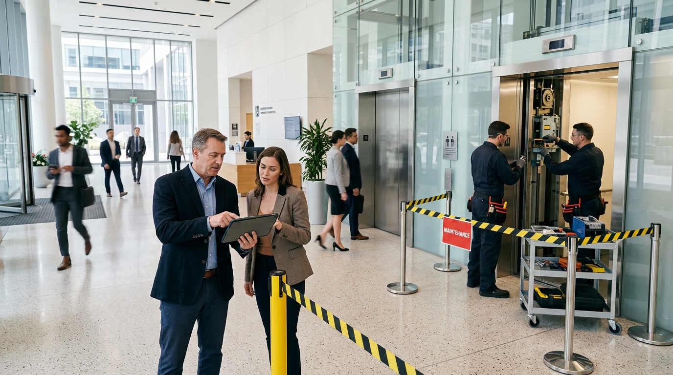 Elevator service owner and a marketing consultant review a tablet as technicians service a lobby elevator