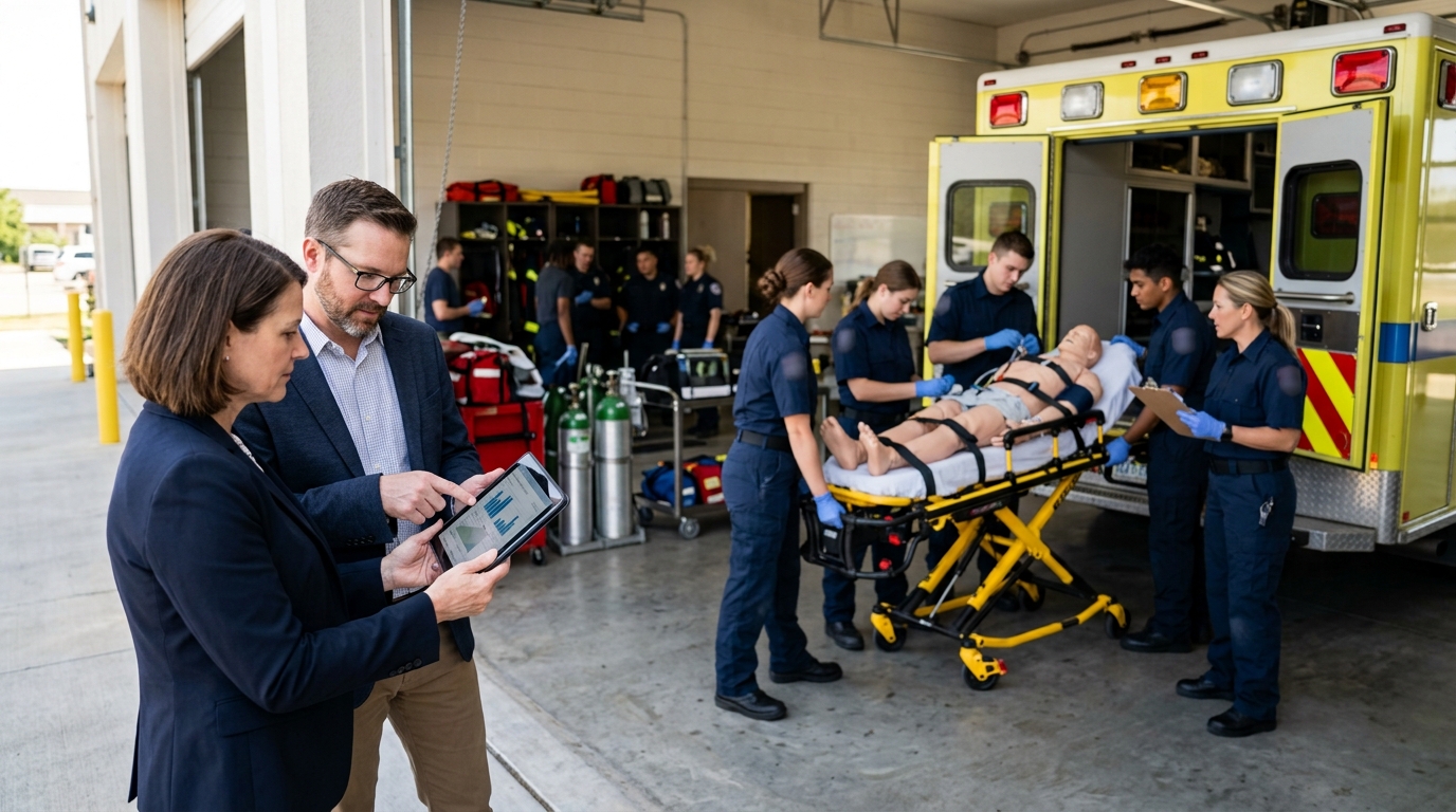 EMS school director and a marketing consultant review a tablet as students train at an ambulance bay