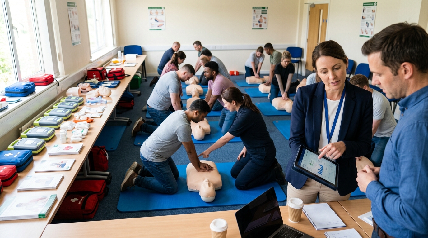 Training company owner and a marketing consultant review a tablet as learners practise CPR on manikins