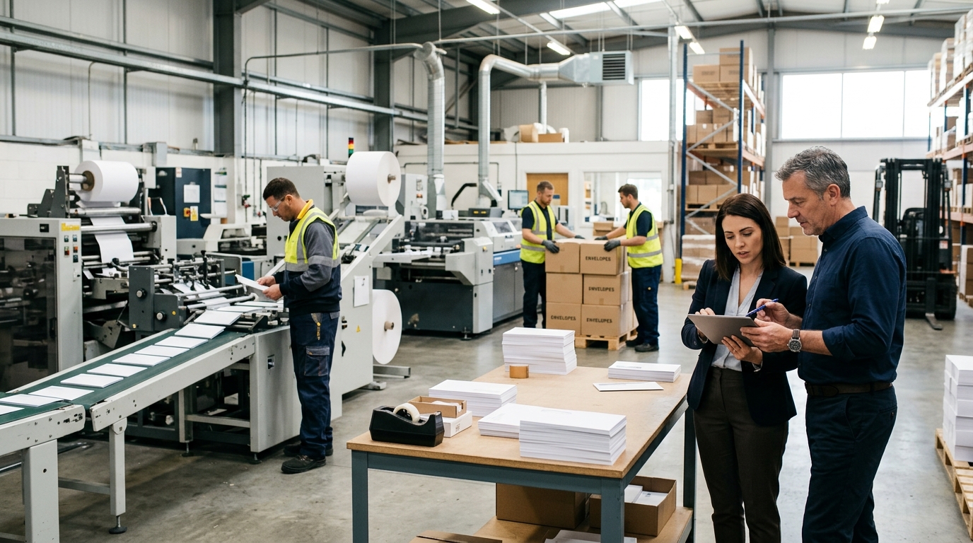 Envelope supplier owner and a marketing consultant review a tablet beside envelope printing machines