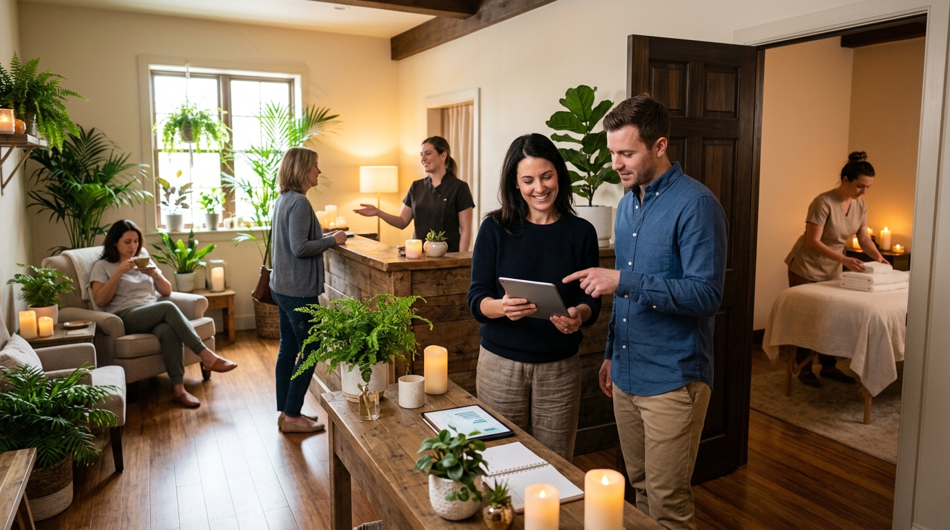 Massage studio owner and a marketing consultant review a tablet in a calm, softly lit spa reception