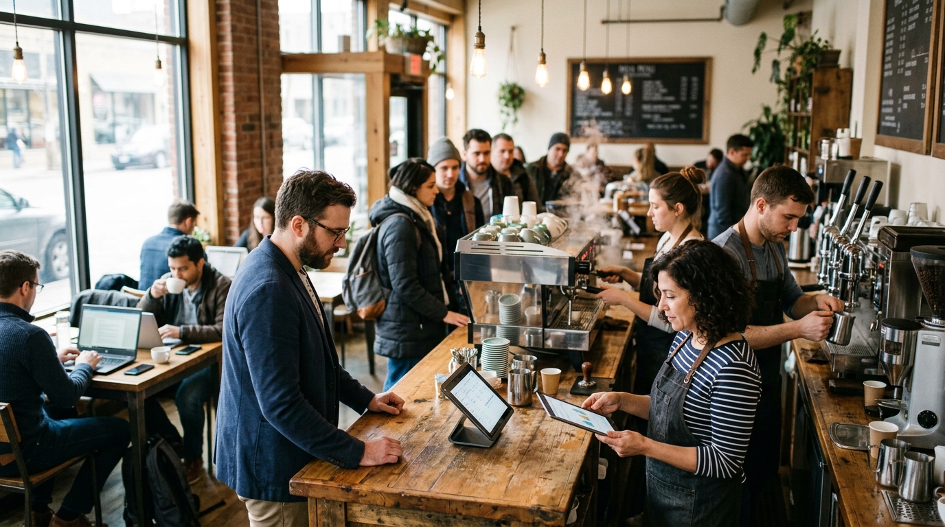 Espresso bar owner and a marketing consultant review a tablet at a busy café counter