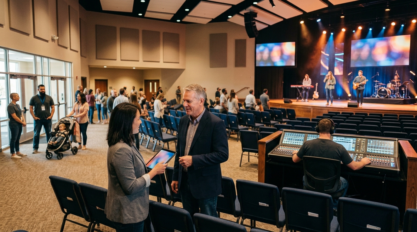 Evangelical church pastor and a marketing consultant review a tablet in a modern worship auditorium