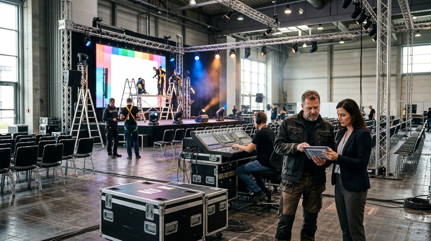 Event AV company owner and a marketing consultant review a tablet while crew rig an LED wall