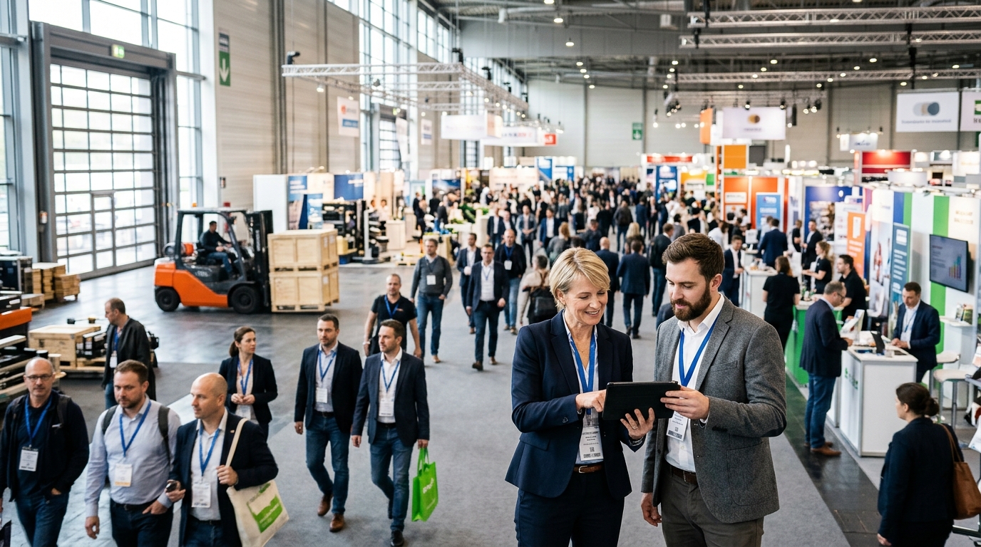 Exhibition centre director and a marketing consultant review a tablet in a busy trade show hall