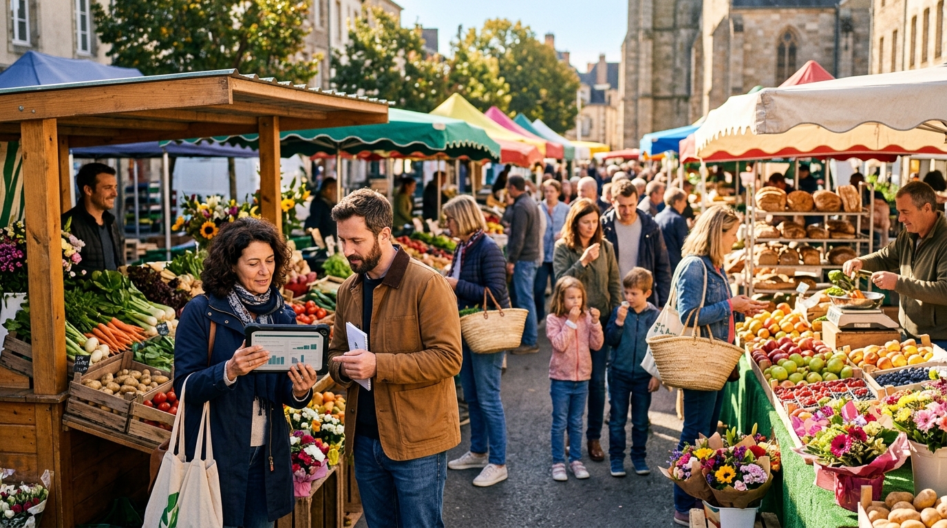 Farmers market organizer and a marketing consultant review a tablet among busy produce stalls