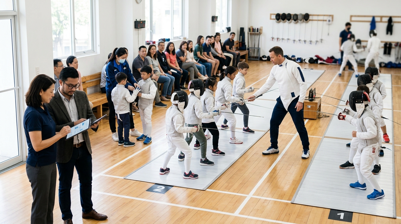 Fencing school owner and a marketing consultant review a tablet as a coach teaches young fencers