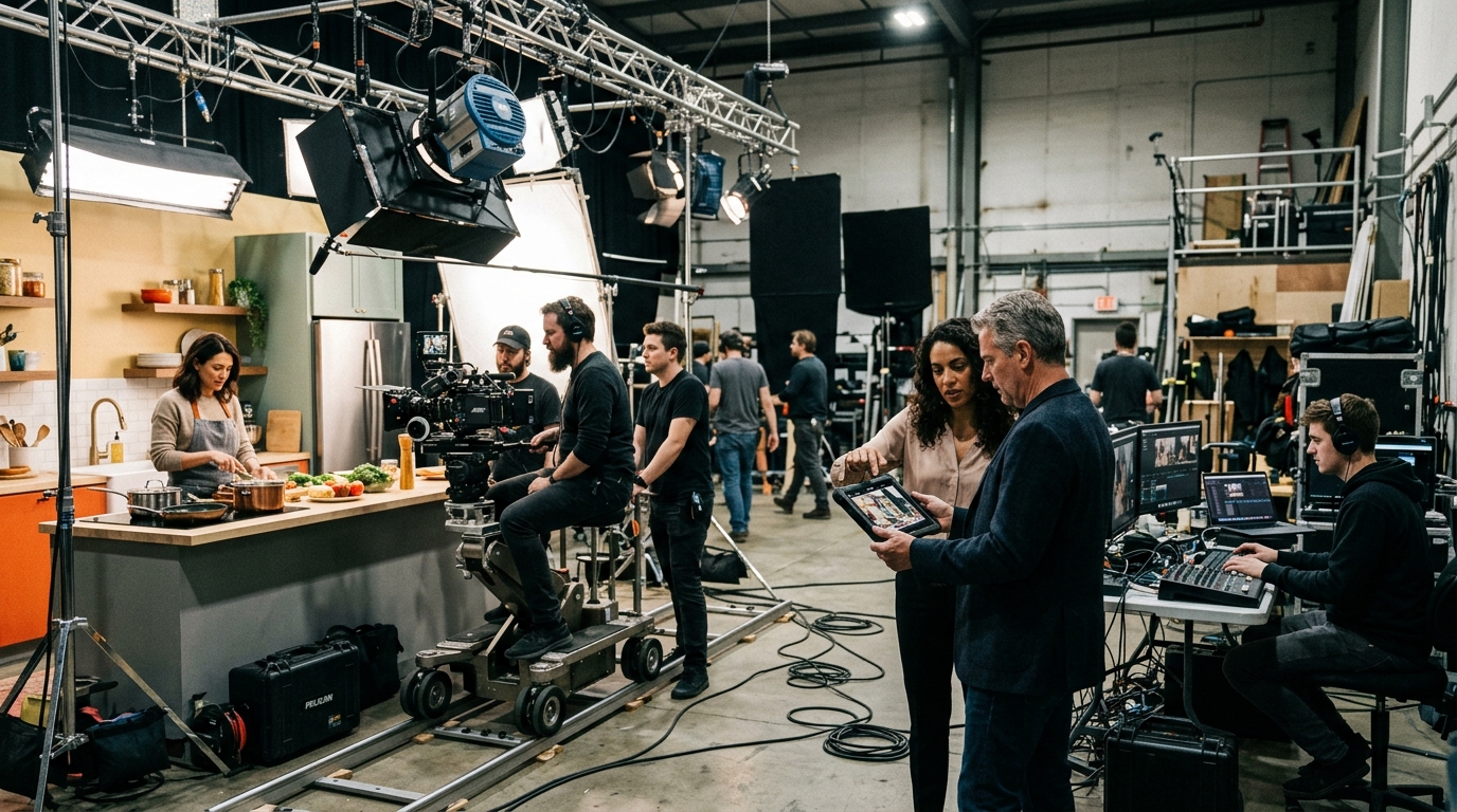 Film production company owner and a marketing consultant review a tablet on a busy studio set