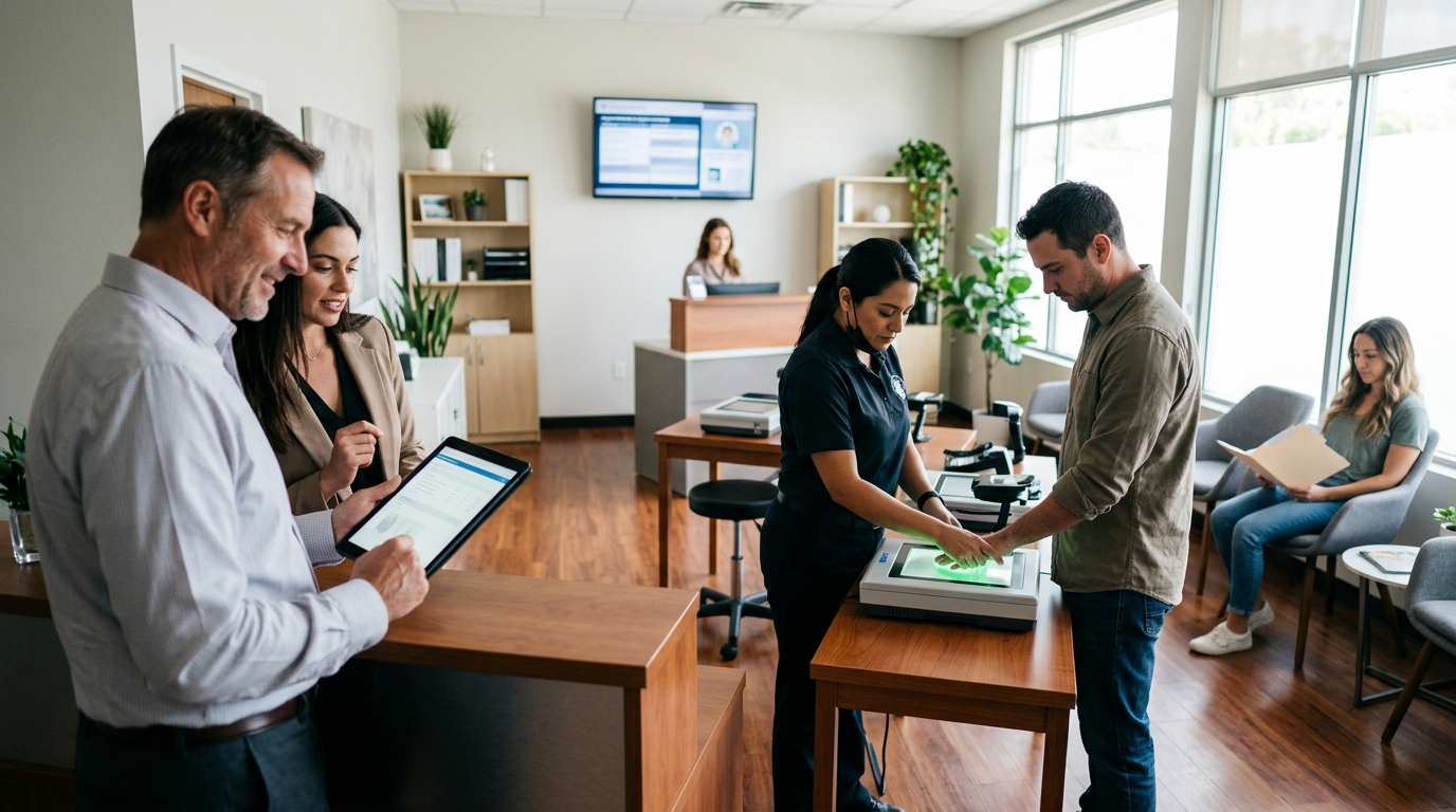 Fingerprinting service owner and a marketing consultant review a tablet beside a Live Scan station