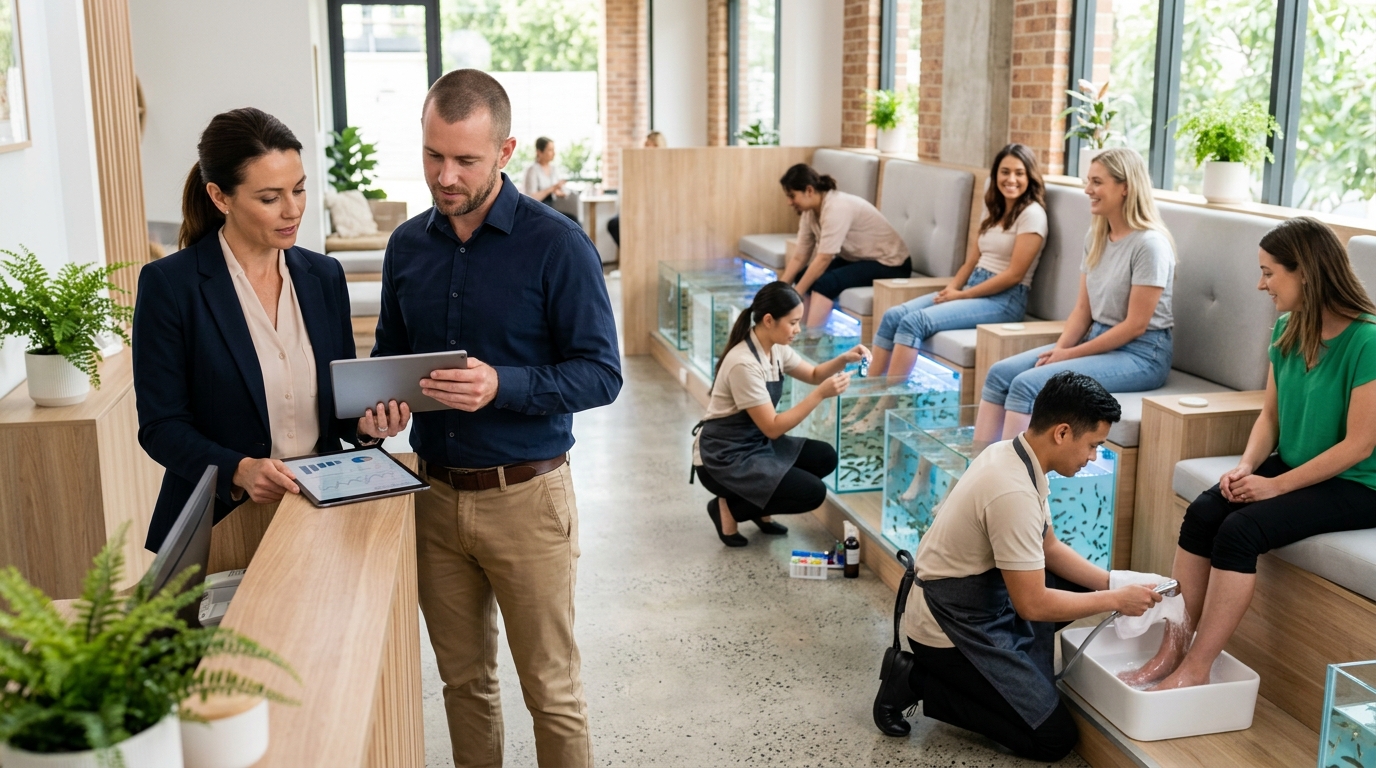 Fish spa owner and a marketing consultant review a tablet beside fish pedicure tanks